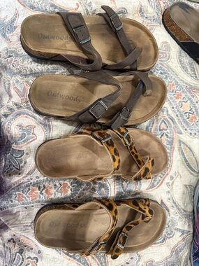 Outwoods Brown and Leopard Print Double Buckle Sandals - Women size 7 2 pair